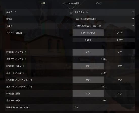 VALORANTのグラフィック設定の一般タブ